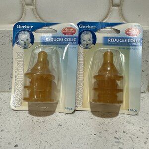 2-Gerber  latex Three Hole Rubber Baby Bottle Nipples 3 Pack Infant
